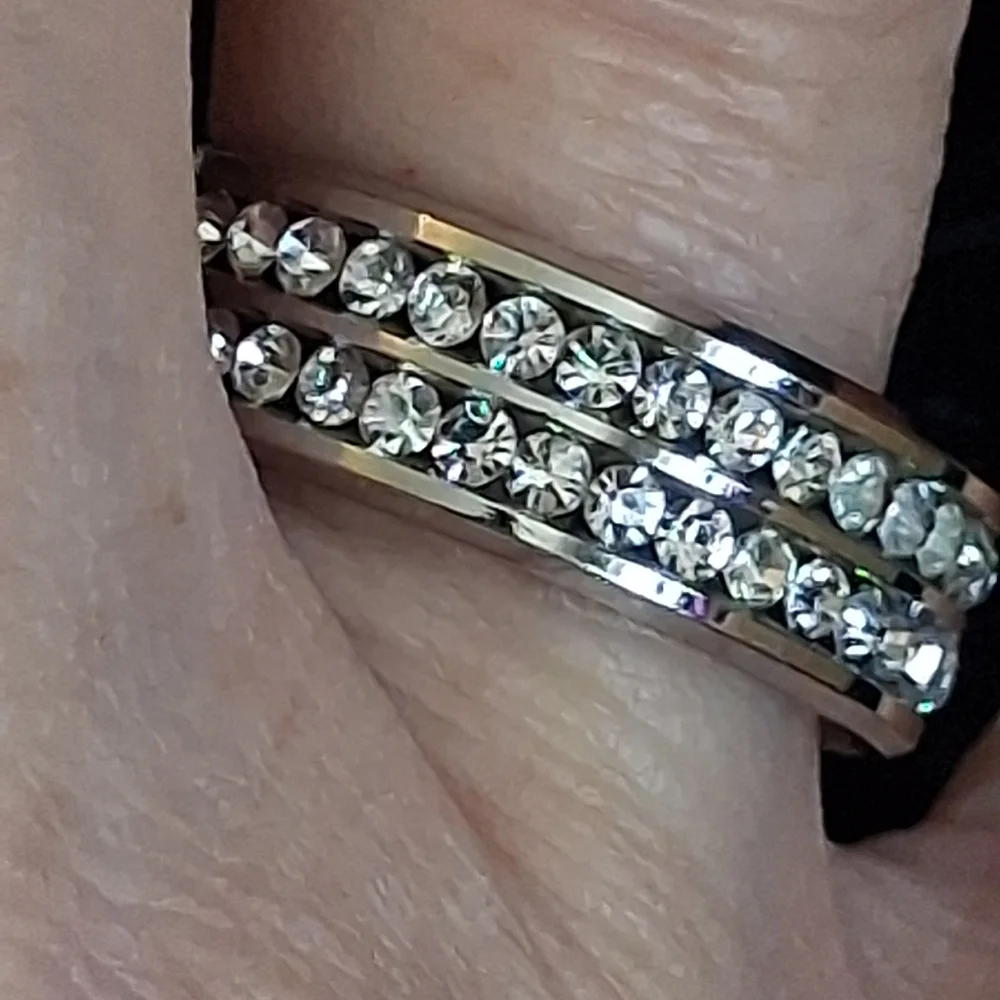 Silvertone Cigar Band Ring With Faux Diamonds Size 11 3/4
